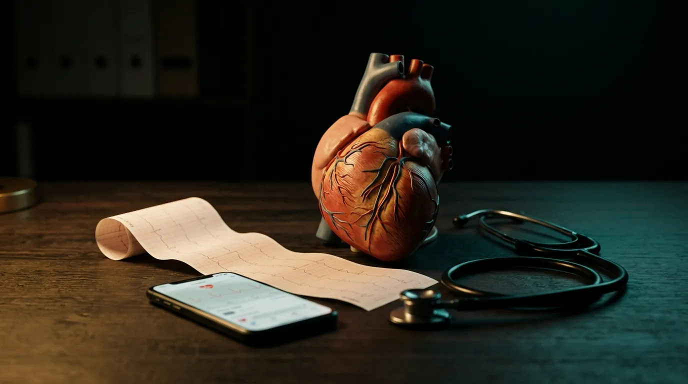 An anatomical heart model with an ECG printout, a smartphone and a stethoscope