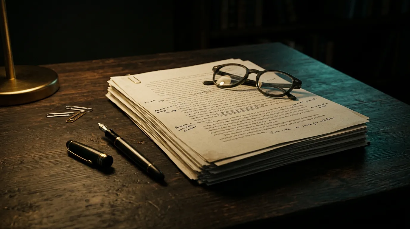 A stack of annotated manuscript pages with a fountain pen and reading glasses