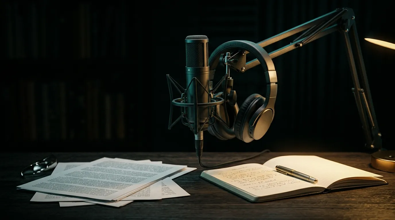 A podcast microphone and headphones beside printed research notes