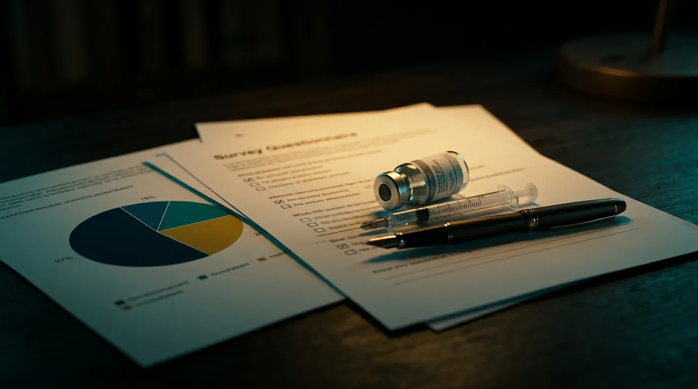A survey questionnaire and pie chart with a vaccine vial and syringe