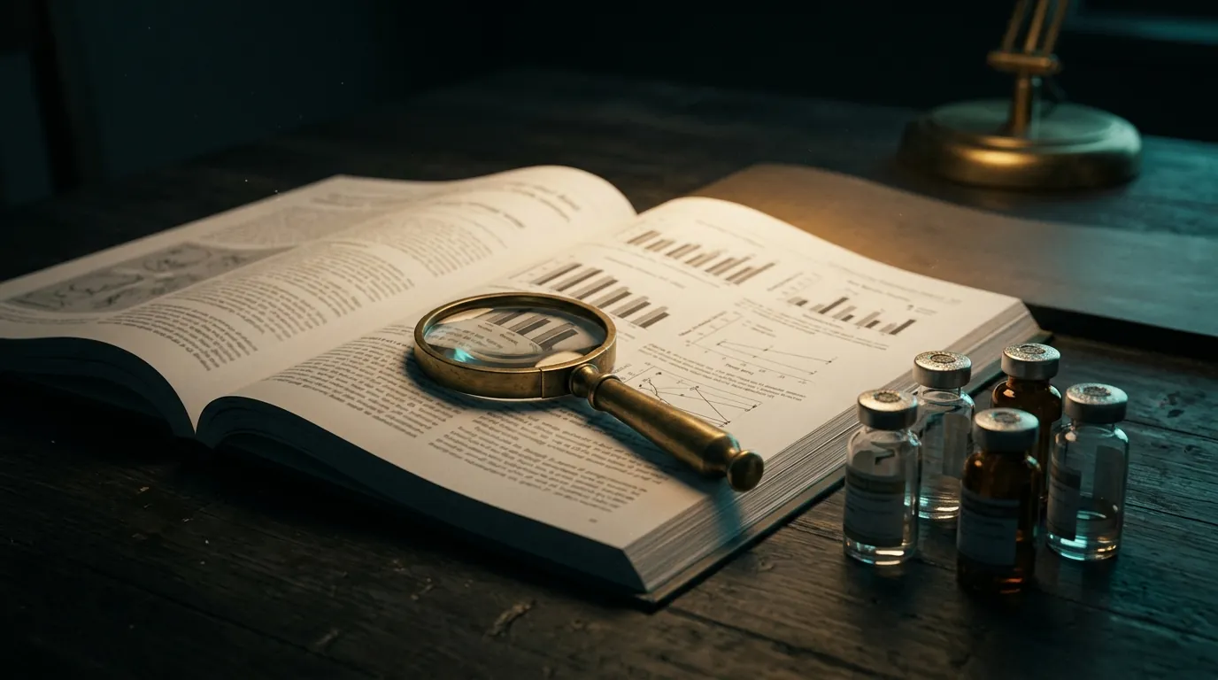 Vaccine vials beside an open medical journal and a magnifying glass